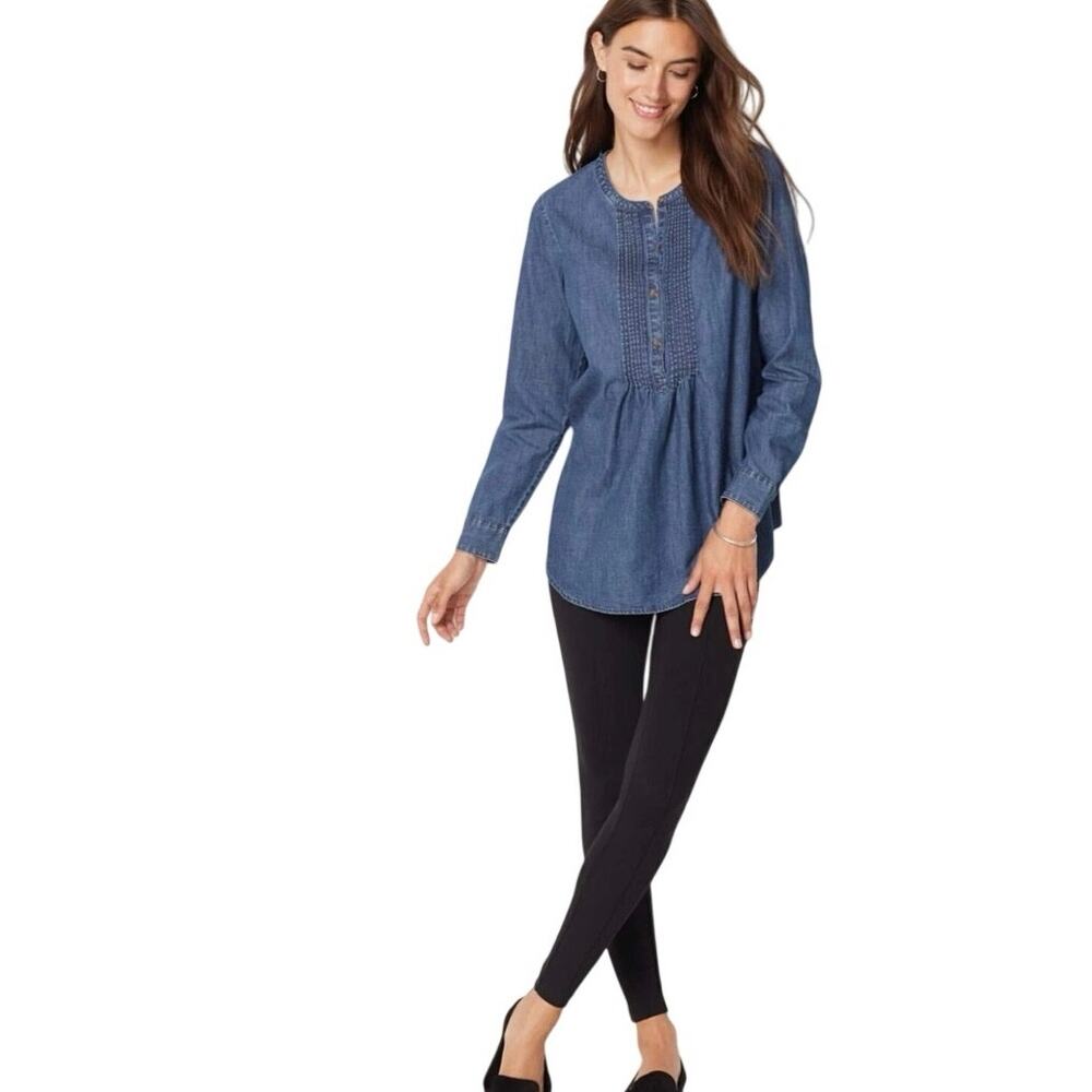 J. Jill Chambray Pintuck Tunic Blouse Blue Long Sleeve Button Front Top, Large